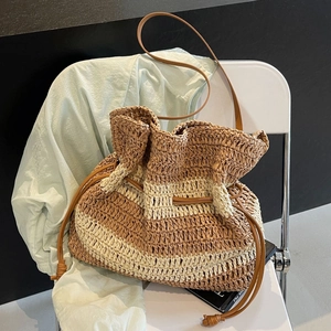 Women French Stripe Straw Woven Bucket Bag Large Capacity Beach Vacation Tote Single Shoulder Drawstring Bag Minimalist