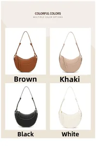 Collage of crescent saddle bags in four colors: brown, khaki, black and white leather