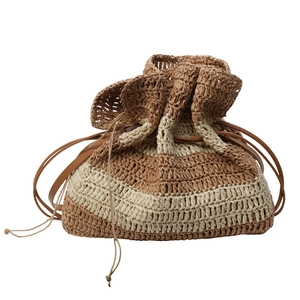 French striped straw shoulder bag with drawstring for beach vacation and daily use