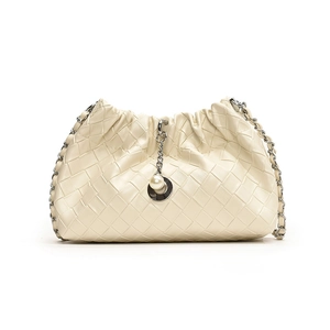 Chic cream woven leather handbag with pleats, silver chain strap and pearl charm detail