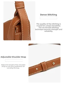 Detail of white stitching on brown lychee texture leather and adjustable strap