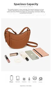 Brown PU leather crescent bag shown with everyday essentials to demonstrate storage capacity