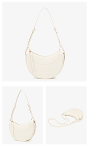 Detailed views of off-white crescent saddle bag with soft leather and gold hardware