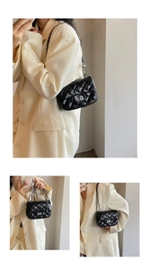 Detailed views of a black quilted crossbody bag with silver chain strap and metal clasp
