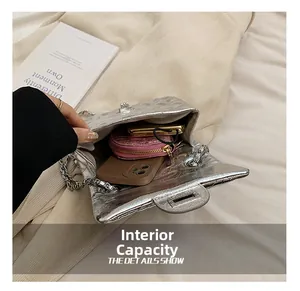 Silver metallic chain bag interior capacity showing smartphone and small wallet