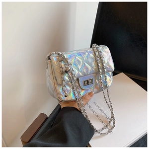 Detailed view of silver holographic quilted chain crossbody bag with twist lock closure