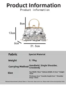 Size chart showing dimensions for silver sequin evening bag with 110cm strap