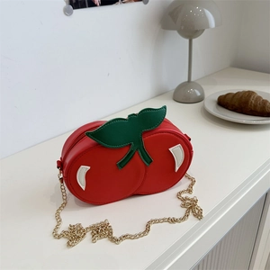 Creative Cherry Shaped Crossbody Bag PU Leather Fruit Style Shoulder Bag With Gold Chain Strap For Women Girls Cute Party Handbag