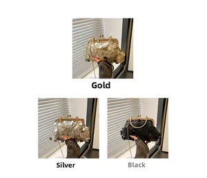 Chic sequined shell bag in gold, silver, and black with metallic chain for parties