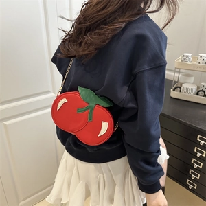 Creative cherry shaped crossbody bag for women with red patent leather and gold chain