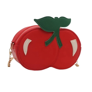 Creative cherry-shaped red crossbody bag with green leaf detail and gold chain strap