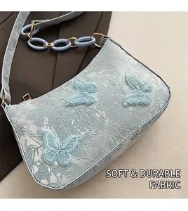 Detail of light blue jacquard shoulder bag with 3D lace butterflies and acrylic chain