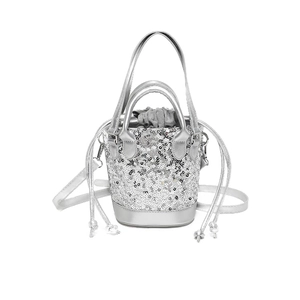 Chic silver sequin bucket bag with drawstring closure and crossbody chain strap