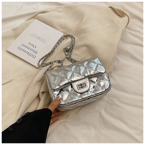 Macro shot of silver quilted mini bag with metallic texture and chain strap details