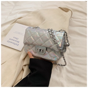 Detailed view of the iridescent quilted pattern and metal turn-lock on the chain bag