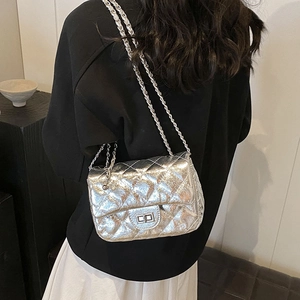 Silver quilted crossbody bag with metallic finish and chain strap for women