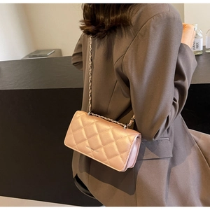 Close-up of pink quilted crossbody bag with gold chain strap on a brown blazer