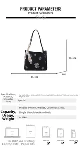 Tableau des tailles du sac cabas floral noir avec les dimensions et les capacités utiles
