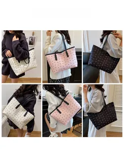 Collage of chic tote bags with bow quilted texture in white, pink, and black colors