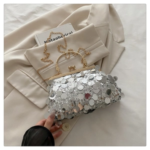 Detailed shot of large silver sequins on evening bag with gold chain and handle