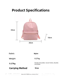 Pink nylon backpack dimensions showing 30x39x18cm size and 0.27kg lightweight design