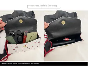 Detail view of cherry print crossbody bag interior showing daily items capacity