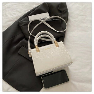 Close-up of white snake pattern handbag with woven handle and gold metal logo detail