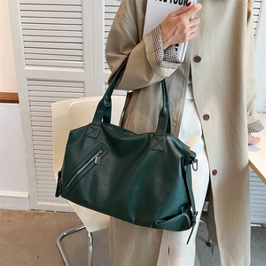 Minimalist large dark green tote bag with zipper pocket and metal lock pendant decoration