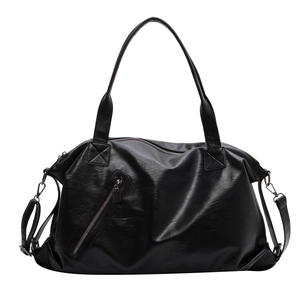 Black large capacity tote bag with diagonal zipper pocket and detachable strap for women