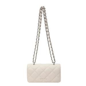 Elegant beige quilted crossbody bag with chain strap and luxury flap design