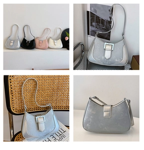 Collage of four crescent underarm bags in silver, black, pink and cream with metal buckles
