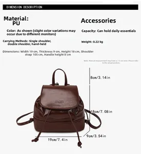 Detail view of mini brown PU leather backpack showing dimensions and 0.22kg lightweight spec