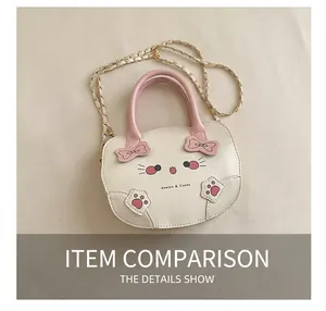 Detalle del bolso de mano blanco con forma de gato, lazo rosa y correa de cadena metálica