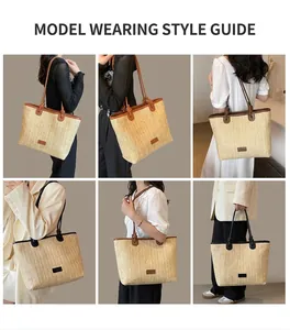 Detail shots of large woven straw tote bag with slim leather straps for summer beach use