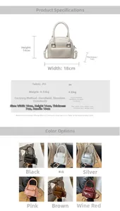 Detailed size chart and multi-color options for fashionable small shell-shaped crossbody bags