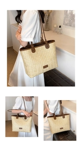Detail of woven straw tote bag with brown leather handles and premium texture