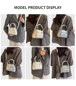 Chic shell-shaped crossbody bag shown in beige and silver on a model from multiple angles