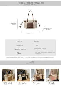 Size chart for large straw tote bag showing 35x23x14cm dimensions and handle details