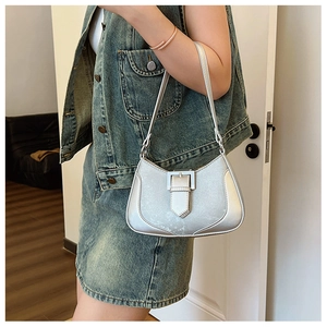 Silver hobo bag with a square metal buckle and pearlescent leather texture for women