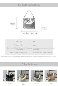 Size chart showing large PU leather bucket bag dimensions 35x30x15cm and 4 color options