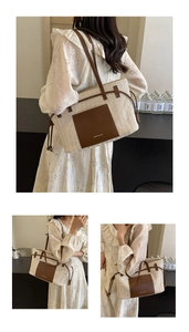 Detail of woven tote bag featuring beige texture and brown leather front pocket with handles