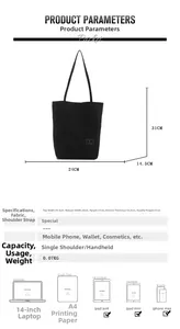 Detailed size chart for minimalist black nylon tote bag showing dimensions and weight