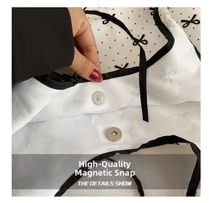 Detail view of a magnetic snap button on a polka dot canvas bag with magnetic closure
