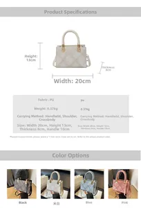 Detailed view of quilted small square bag features, dimensions, and color options