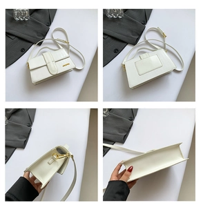 Detailed views of a white faux leather crossbody bag with crocodile pattern and gold hardware