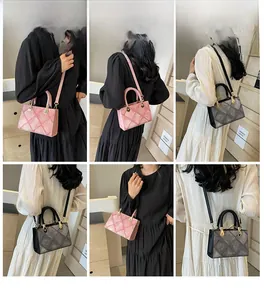 Detail shots of pink and grey quilted handbags with woven handles and crossbody straps