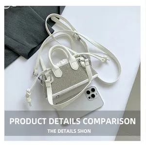 Mini white rhinestone bag size comparison with a smartphone showing compact dimensions