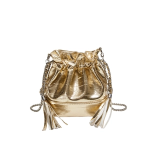 Glossy gold crocodile pattern bucket bag with tassels and silver chain strap