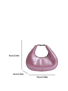 Pink crescent patent leather handbag with gold clasp and dimensions for elegant style