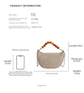 Detailed dimensions and specs for the woven crescent bag with amber bead handle